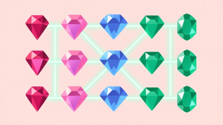 自动生成图片: A clean, flat design illustration showing a grid of colorful gemstones (ruby, sapphire, emerald) with glowing connection lines forming matches, on a soft pastel background high quality illustration, detailed, 16:9
