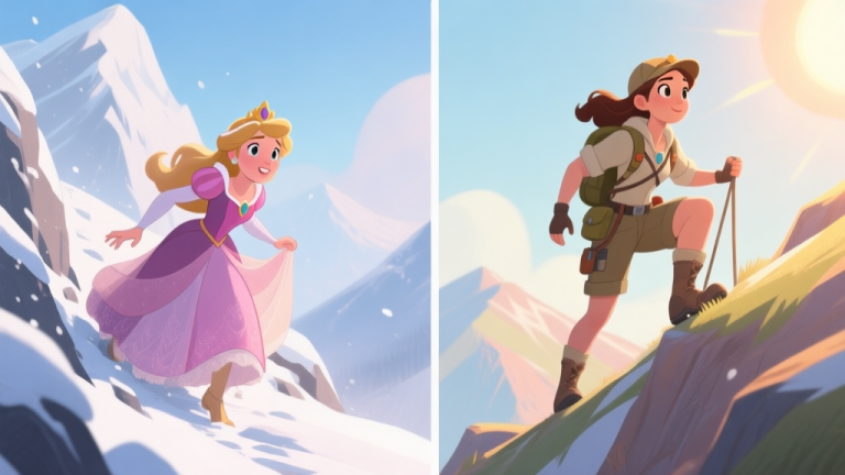 自动生成图片: A split-screen illustration showing a fantasy princess in an elegant dress struggling on a snowy mountain pass on one side, and the same princess in a practical yet stylish adventurer's outfit confidently climbing a sunlit ridge on the other, video game art style, soft colors high quality illustration, detailed, 16:9