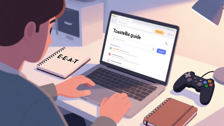 自动生成图片: A person at a desk with a laptop showing search results for "Toastellia guide", a notebook with E-E-A-T written on it, and a game controller, in a clean and focused workspace with soft lighting high quality illustration, detailed, 16:9