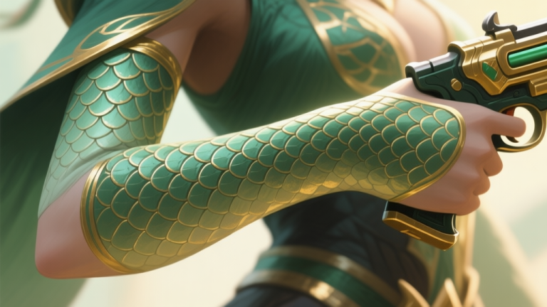 自动生成图片: A close-up, stylized view of a video game character's arm or weapon with a detailed and elegant snake scale pattern texture, soft green and gold color scheme, ambient lighting, digital painting style high quality illustration, detailed, 16:9