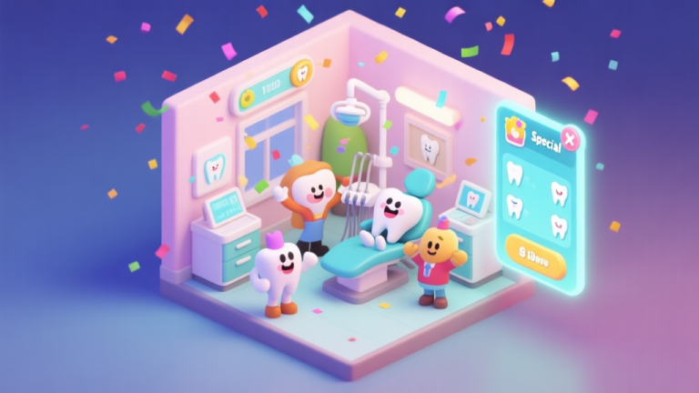 自动生成图片: A vibrant, isometric view of a cartoon dental clinic inside a simulation game, with quirky characters celebrating, confetti in the air, and a special event UI panel glowing on the side of the screen, soft pastel color scheme high quality illustration, detailed, 16:9