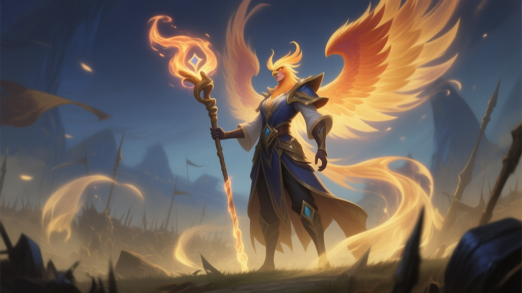 A serene yet powerful illustration of a phoenix mage character in a mobile MOBA game scene, holding a staff with ethereal fire, standing confidently on a battlefield with soft magical glows, muted gold and deep blue color palette, painterly style high quality illustration, detailed, 16:9