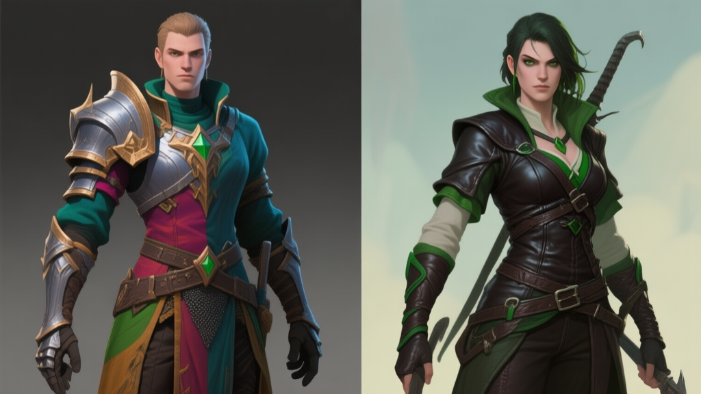 A side-by-side comparison of two game character avatars. Left: mismatched fantasy armor with clashing colors and styles. Right: a cohesive rogue character with unified dark leather, green accents, and a consistent theme, soft color palette high quality illustration, detailed, 16:9