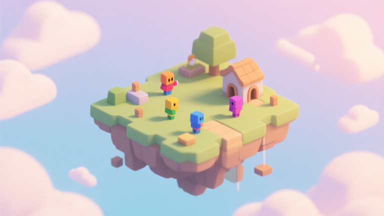 自动生成图片: A serene, floating island in a soft pastel sky with gentle clouds, small colorful player avatars interacting with simple structures, isometric view, soft lighting, cozy game illustration style high quality illustration, detailed, 16:9