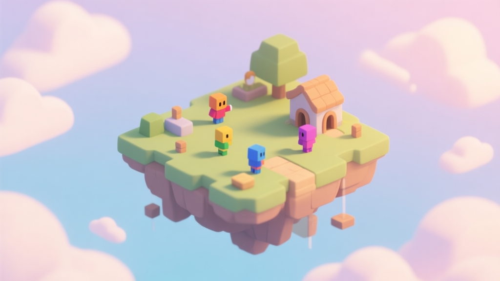 A serene, floating island in a soft pastel sky with gentle clouds, small colorful player avatars interacting with simple structures, isometric view, soft lighting, cozy game illustration style high quality illustration, detailed, 16:9