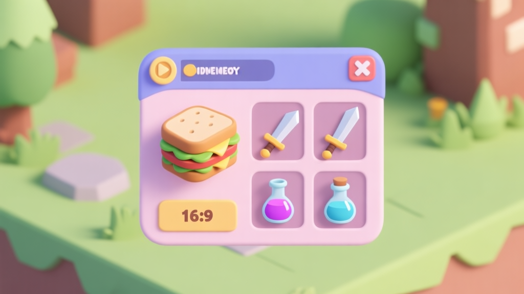 A playful, isometric 3D illustration of a video game inventory screen, showing a stylized sandwich icon next to swords and potions, soft pastel colors, clean game UI style high quality illustration, detailed, 16:9