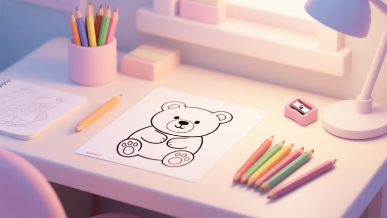 自动生成图片: A cozy scene of a beginner's desk with a cute bear coloring page, a set of colored pencils, and a sharpener, soft pastel lighting, clean and inviting composition high quality illustration, detailed, 16:9