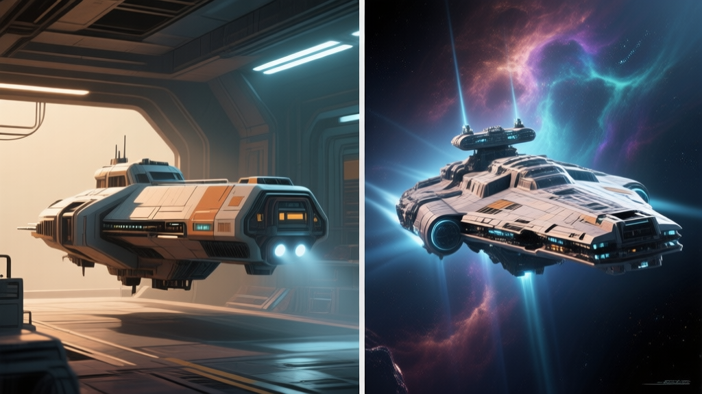 Split-screen comparison of two science fiction video game scenes, left side showing slightly retro spaceship design with simpler lighting, right side showcasing a highly detailed starship with advanced ray tracing effects and nebula backdrop, cinematic angle, digital art high quality illustration, detailed, 16:9