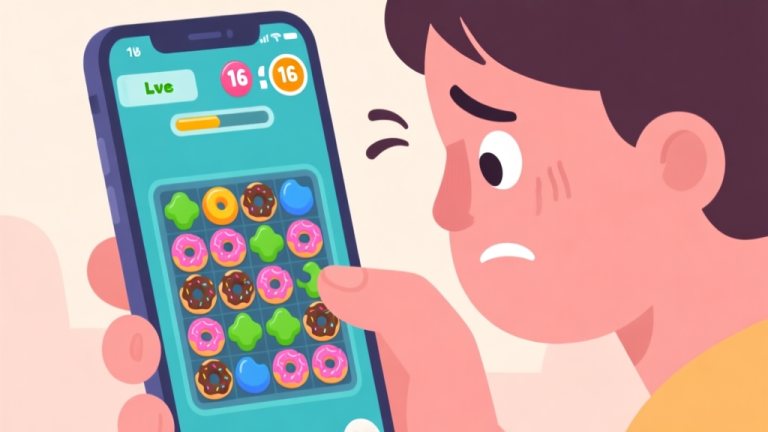 自动生成图片: A frustrated player looking at a colorful match-3 game screen on a mobile phone, focusing on a level filled with donut pieces that seem impossible to clear, with a low moves counter and a timer about to run out, in a flat illustration style with soft colors high quality illustration, detailed, 16:9
