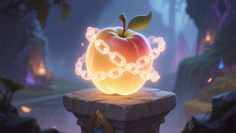 自动生成图片: A glowing, stylized fruit with ethereal chain links swirling around it, resting on a stone pedestal in a fantasy game environment, soft magical light, painted digital art style high quality illustration, detailed, 16:9