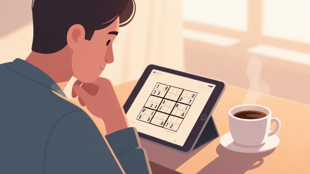 A person looking thoughtfully at a Sudoku puzzle on a tablet, with a cup of coffee beside it, soft morning light, flat illustration style with warm and muted colors high quality illustration, detailed, 16:9