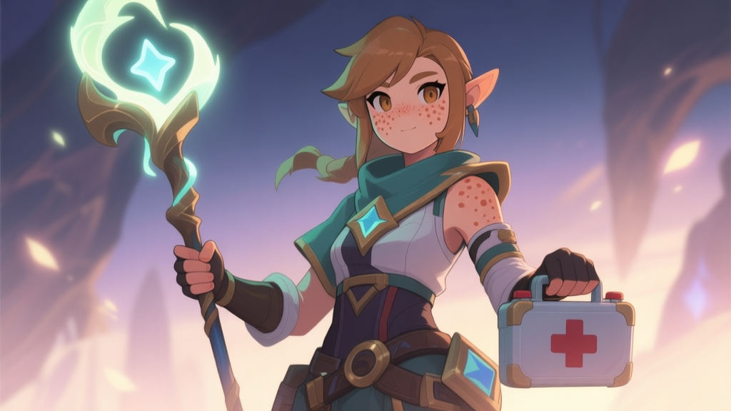 A stylized portrait of a video game character with distinctive freckles, wearing a hybrid healer-battle attire, holding a glowing staff in one hand and a medical kit in the other, soft fantasy lighting, anime-inspired art style high quality illustration, detailed, 16:9
