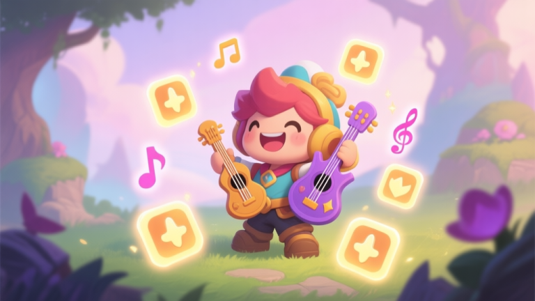 自动生成图片: A vibrant game character illustration of a small, cheerful support character with musical instruments, surrounded by glowing buff icons and healing notes, in a fantasy RPG setting, soft pastel colors high quality illustration, detailed, 16:9