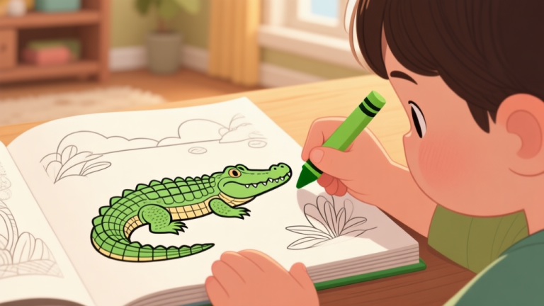 自动生成图片: A child's hand carefully coloring a detailed alligator illustration in a coloring book, using a green crayon. The scene is warm, focused, and set in a cozy home environment. high quality illustration, detailed, 16:9