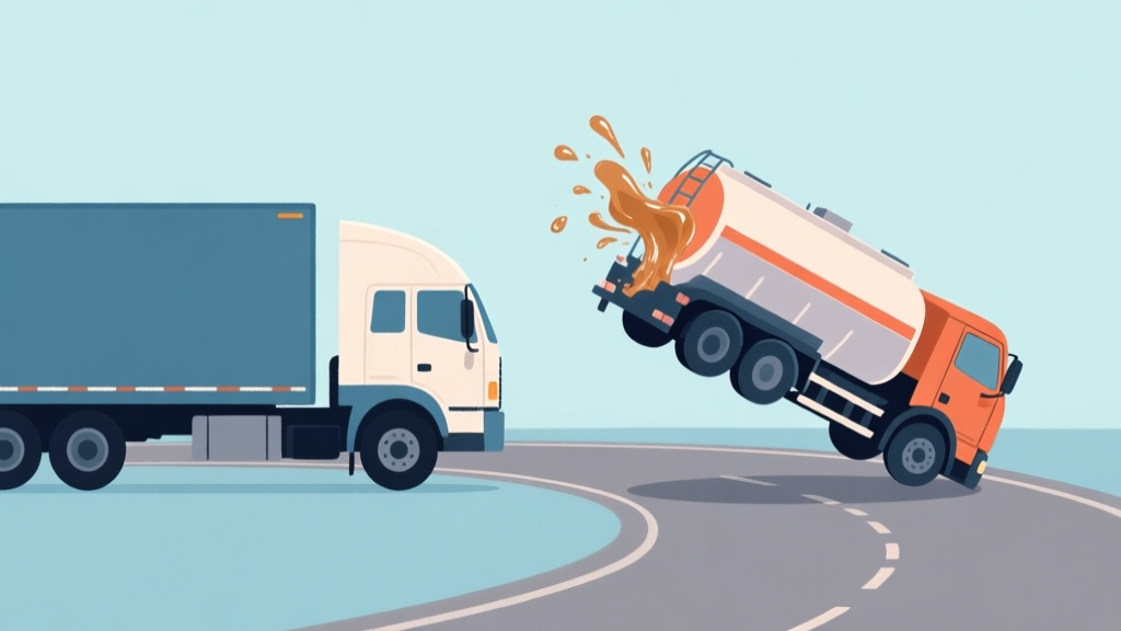 Side-view comparison illustration of a regular truck and a tanker truck taking a turn. The regular truck is stable, while the tanker truck shows liquid sloshing inside its tank, creating an imbalance and a tilting effect. The background is a simple road with a gentle curve, using a soft color palette of blues and grays. high quality illustration, detailed, 16:9