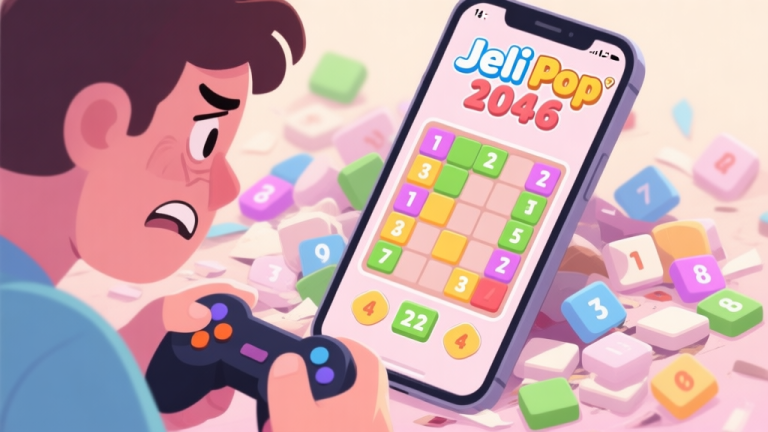 自动生成图片: A frustrated mobile gamer looking at a messy Jeli Pop 2048 game board on a smartphone screen, with soft pastel colors and a cluttered arrangement of numbered tiles high quality illustration, detailed, 16:9