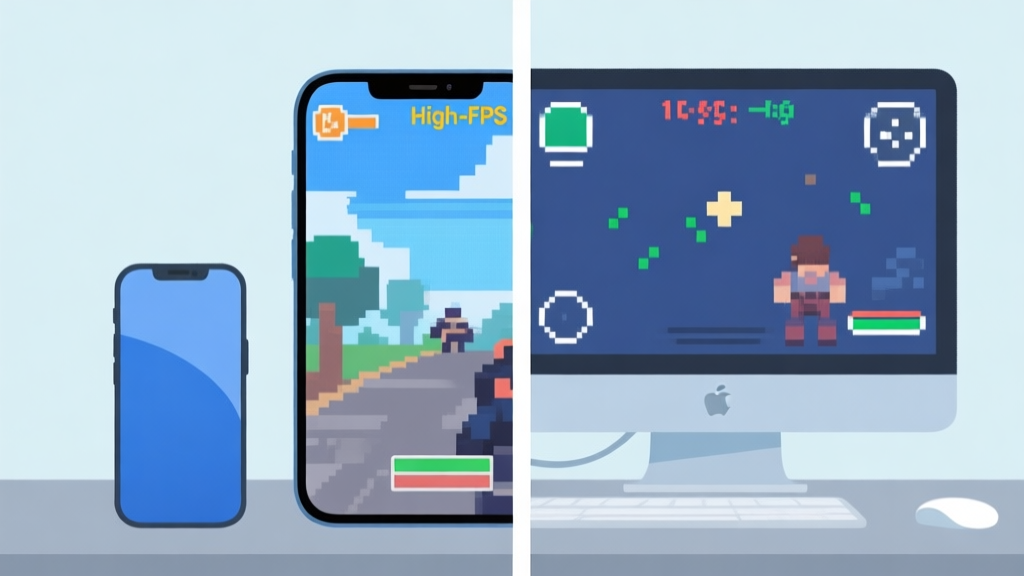 A split-screen illustration showing a smooth, high-FPS game scene on one side and a laggy, pixelated game scene on the other, with a smartphone and a PC in the background, using a soft color palette of blues and grays high quality illustration, detailed, 16:9