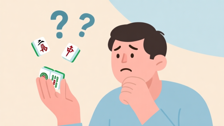 自动生成图片: A gentle, flat design illustration of a confused person looking at a hand of Mahjong tiles with question marks floating above, soft pastel color palette with beige and light blue tones high quality illustration, detailed, 16:9