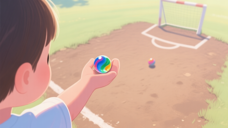 自动生成图片: A top-down view of a child's hand holding a colorful marble, ready to shoot on a simple dirt playing field, soft natural lighting, pastel colors high quality illustration, detailed, 16:9