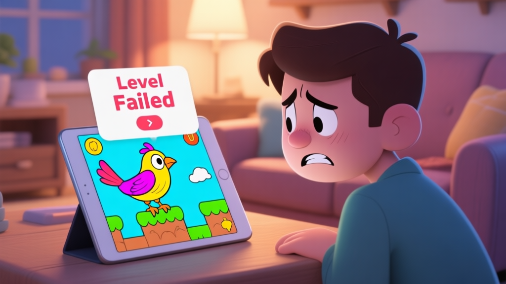 A frustrated player looking at a tablet screen showing a colorful bird coloring game stuck on a difficult level, with a "Level Failed" pop-up, in a cozy home setting, soft lighting, cartoon style high quality illustration, detailed, 16:9