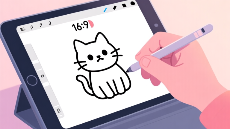 自动生成图片: A close-up of a stylized tablet screen showing an unfinished coloring of a cute cat, with the timer counting down and a frustrated hand holding a digital stylus, in a soft pastel color palette high quality illustration, detailed, 16:9