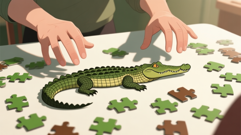 自动生成图片: A person's hands hovering over a jigsaw puzzle of a crocodile, showing frustration with many similar-looking green and brown pieces scattered on a table, soft natural lighting high quality illustration, detailed, 16:9