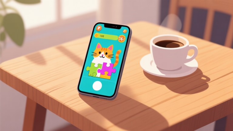 自动生成图片: A cozy scene of a smartphone displaying a colorful cat jigsaw puzzle game on a wooden table, with a cup of coffee nearby, soft natural lighting, flat illustration style high quality illustration, detailed, 16:9