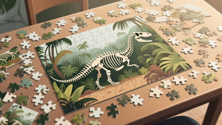 自动生成图片: A top-down view of a messy table covered in hundreds of scattered jigsaw puzzle pieces depicting dinosaur skeletons and lush prehistoric foliage, soft natural lighting, muted earth tones high quality illustration, detailed, 16:9