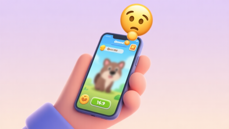 自动生成图片: A person's hand holding a smartphone showing a blurred animal quiz game, with a thinking emoji above it, soft pastel background high quality illustration, detailed, 16:9