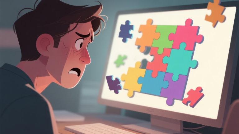 自动生成图片: A frustrated person looking at a computer screen showing a colorful but incomplete jigsaw puzzle, with a few pieces floating misplaced, soft lighting, muted colors, digital art style high quality illustration, detailed, 16:9