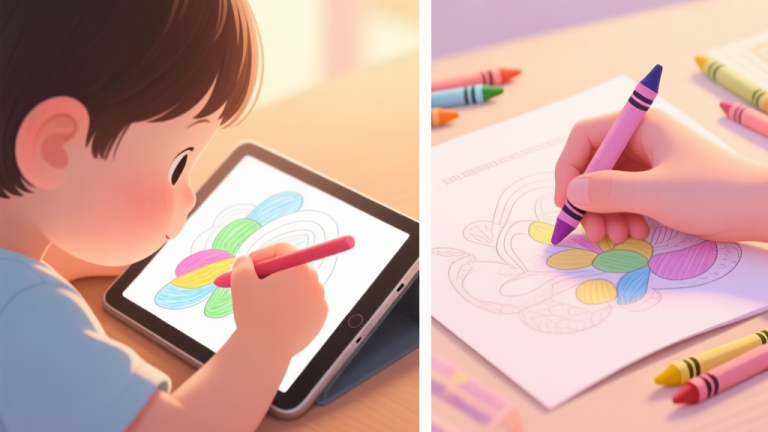 自动生成图片: Split-screen illustration showing a child's hand coloring on a tablet on one side, and another hand using crayons on a paper coloring book on the other, soft pastel colors, warm lighting high quality illustration, detailed, 16:9