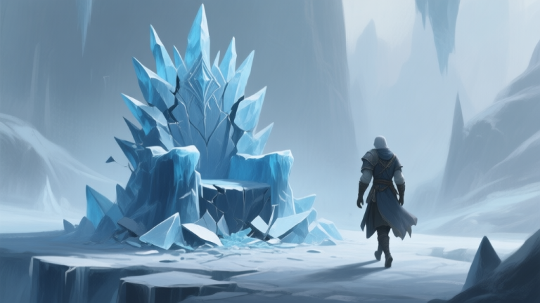 自动生成图片: A melancholic scene in a fantasy game, showing a shattered ice throne and a lone character walking away, soft blues and greys color palette, digital painting style high quality illustration, detailed, 16:9