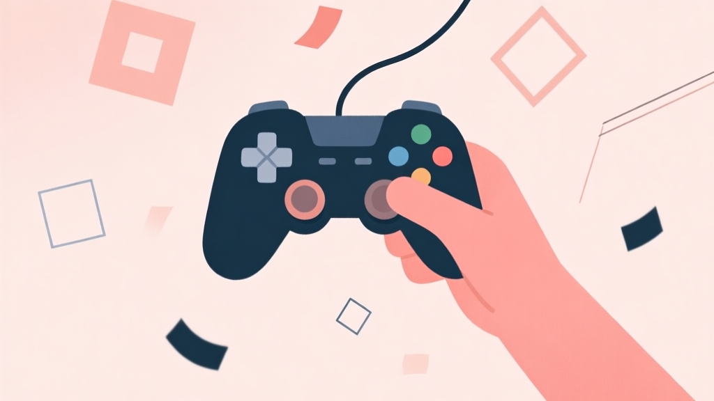 A calm, minimalist illustration of a hand holding a game controller, with abstract, geometric shapes like squares, lines, and L-shapes falling gently in the background on a soft pastel background high quality illustration, detailed, 16:9