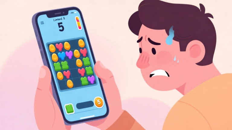 自动生成图片: A frustrated player looking at a cluttered match-3 game board on a mobile phone, with limited moves counter showing "5", soft pastel color palette high quality illustration, detailed, 16:9