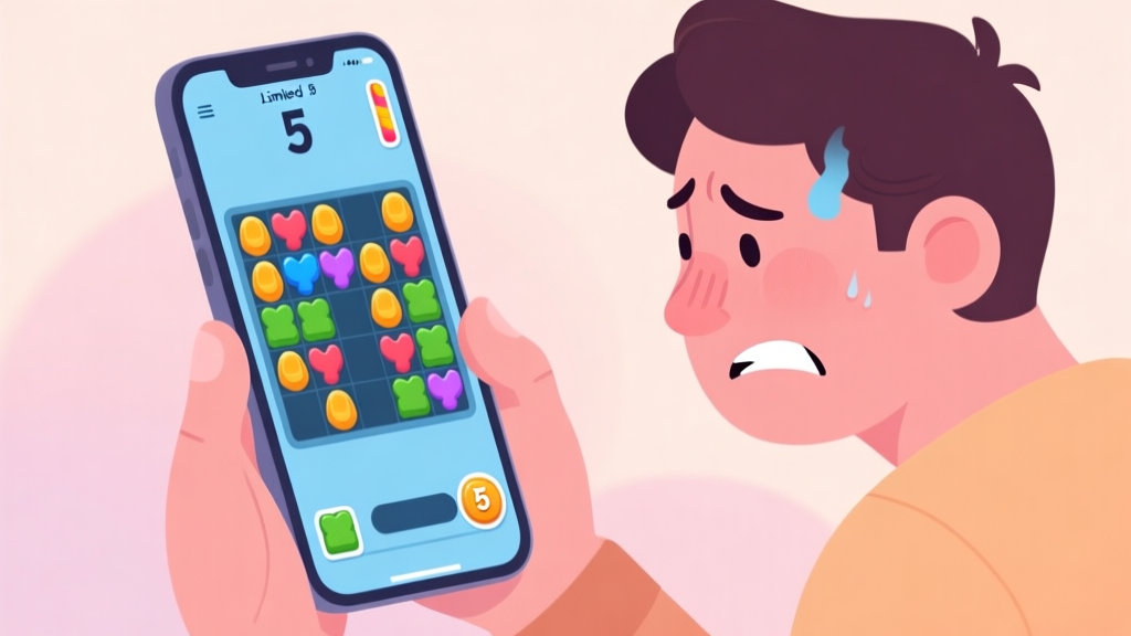 A frustrated player looking at a cluttered match-3 game board on a mobile phone, with limited moves counter showing "5", soft pastel color palette high quality illustration, detailed, 16:9