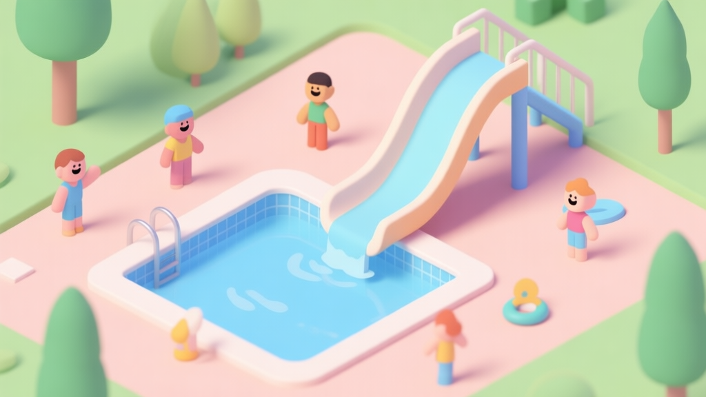 A vibrant yet soft-colored isometric view of a beginner's AquaParkio park, showing a simple water slide being placed near a pool, with a few happy visitor avatars nearby, flat design style high quality illustration, detailed, 16:9