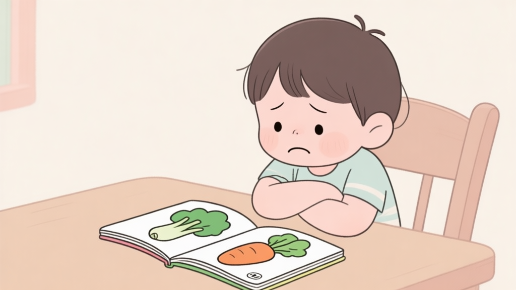 A disappointed child sitting at a table with a closed cartoon vegetable coloring book, looking bored, soft pastel colors, simple line art style high quality illustration, detailed, 16:9