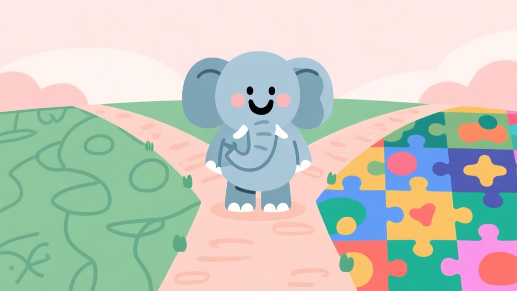 A cheerful cartoon elephant standing on a path that forks into two, one side with simple patterns, the other side with complex puzzles and colorful shapes, in a soft pastel color scheme, flat illustration style high quality illustration, detailed, 16:9