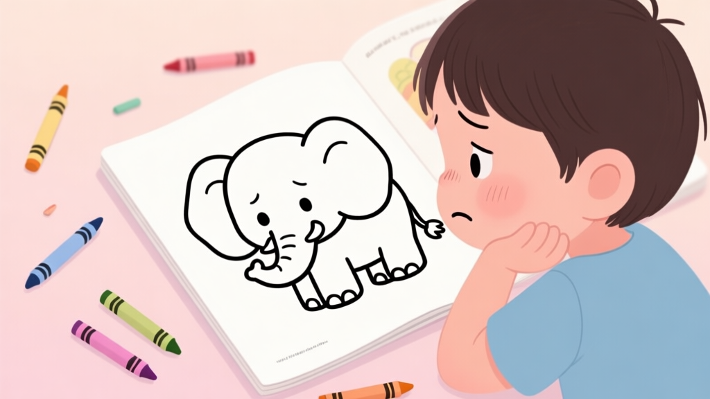A child looking bored at a simple cartoon elephant coloring book page, with only a few crayons scattered around, soft pastel background high quality illustration, detailed, 16:9