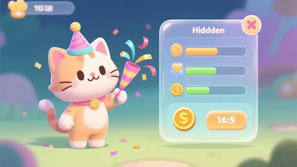 A cute, stylized party cat character from a video game, wearing a tiny hat and holding a confetti popper, standing next to a transparent game UI showing hidden stat bars and currency icons, soft pastel color scheme, illustrated in a friendly game art style high quality illustration, detailed, 16:9