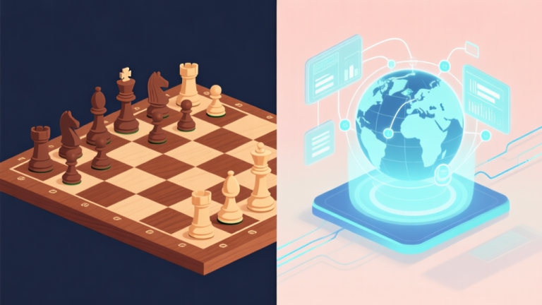 自动生成图片: A split-screen illustration showing a classic wooden chessboard on one side and a glowing digital interface with global connections and data streams on the other, in a soft, modern color palette high quality illustration, detailed, 16:9