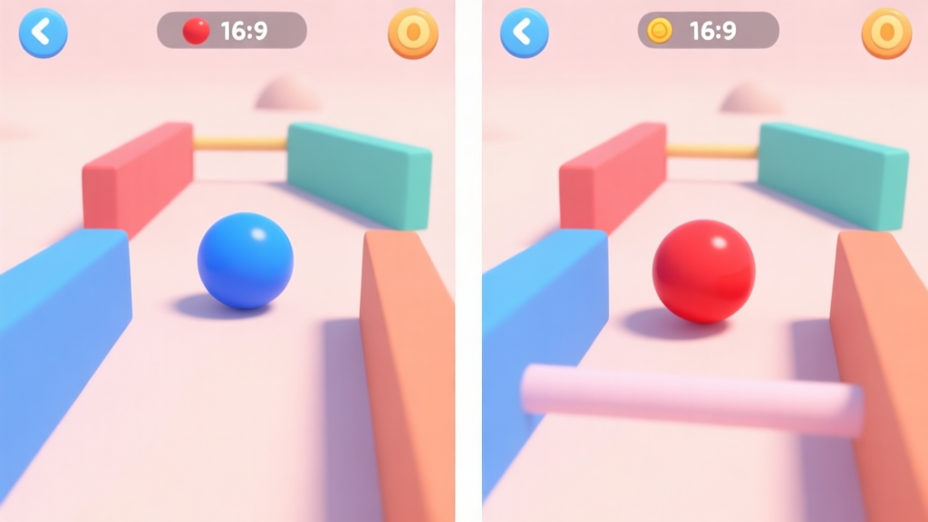 A split-screen mobile game interface showing a blue ball and a red ball navigating through a simple 3D obstacle course with matching colored barriers, soft pastel background, clean and friendly aesthetic high quality illustration, detailed, 16:9