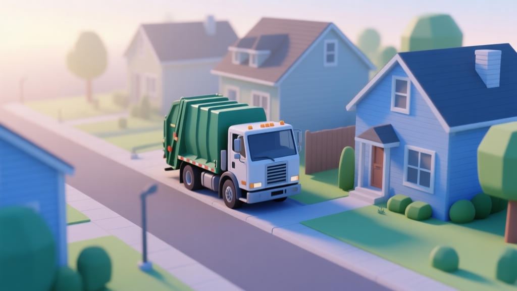 A serene, isometric view of a quiet neighborhood street at dawn, with a detailed garbage truck parked near houses. Soft morning light, clean and calming color palette of blues and greens. high quality illustration, detailed, 16:9