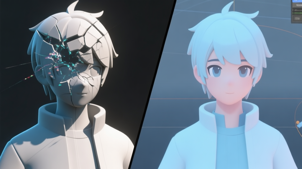 A split-screen illustration showing a 3D character model on one side with visible glitches like broken textures and distorted shadows, and on the other side, the same character appearing perfectly optimized and clean within a game engine viewport, using a soft color palette of blues and grays high quality illustration, detailed, 16:9