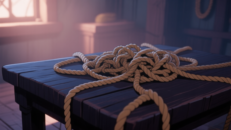 自动生成图片: A close-up of tangled ropes and knots on a dark wooden table in a dimly lit room, with a soft glow highlighting the complexity, video game aesthetic, soft color palette high quality illustration, detailed, 16:9