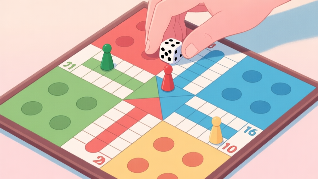 A top-down view of a Ludo board for two players, showing strategic piece placement blocking the opponent's path, with a thoughtful hand hovering above the dice, soft pastel colors high quality illustration, detailed, 16:9