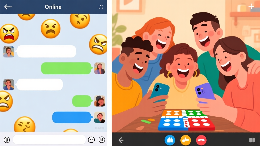 A split-screen illustration showing a chaotic online game chat with angry emojis on one side, and a harmonious group video call with friends laughing while playing Ludo on mobile phones on the other side, in a warm and friendly color palette high quality illustration, detailed, 16:9