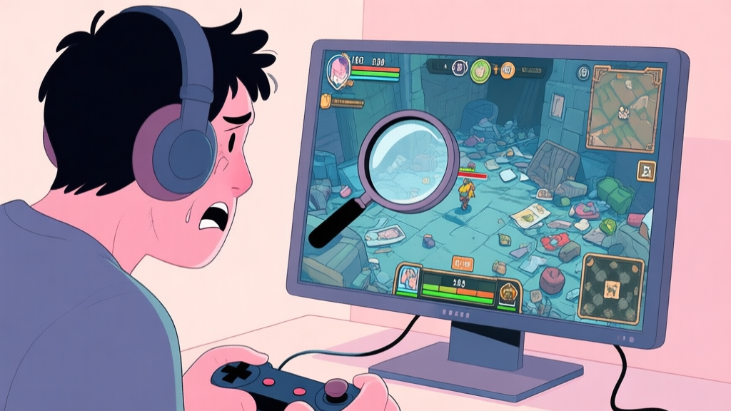 A frustrated gamer looking at a cluttered, detailed game scene on a monitor, with a magnifying glass hovering over missed hidden objects, in a soft pastel color palette high quality illustration, detailed, 16:9
