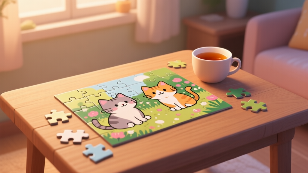 A cozy, softly lit room with a wooden table. On the table lies a partially completed jigsaw puzzle featuring adorable cartoon cats in a garden. A warm cup of tea sits beside it, with a few loose puzzle pieces scattered nearby. The overall mood is calm and inviting. high quality illustration, detailed, 16:9