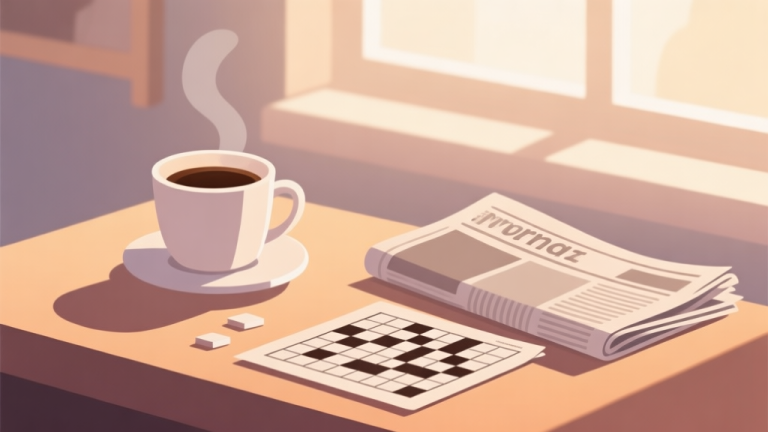 自动生成图片: A cozy morning scene with a cup of coffee, a newspaper, and a partially completed crossword puzzle, bathed in soft morning light, flat illustration style with warm and muted colors high quality illustration, detailed, 16:9
